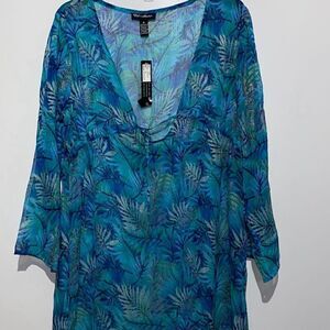 Club Z Collection Women's Blue Gold Tropical 3/4 Sleeve Swim Cover-Up Medium NWT